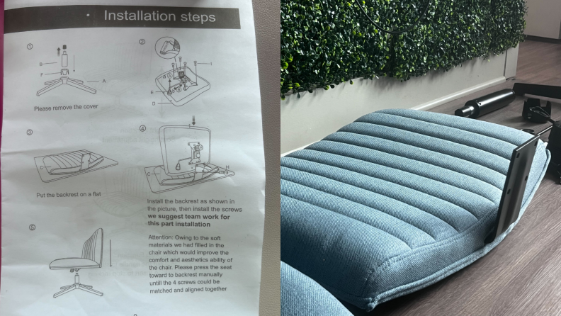 On left, page from chair’s instructions. On the right, bottom cushion for the Pukami Armless Desk Chair with steel column extended.