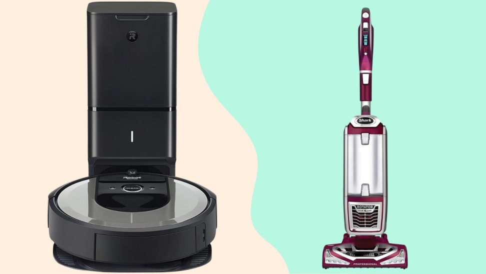 A robot vacuum next to a stand up vacuum, on a white and green background.