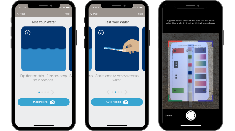Screenshots of testing pool water using the pHin app