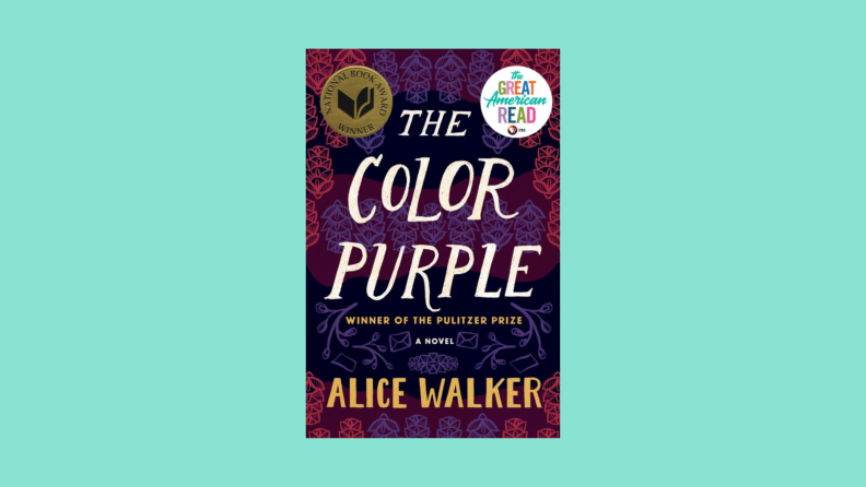 The book cover to "The Color Purple" by Alice Walker features lettering on a dual toned patterned background.