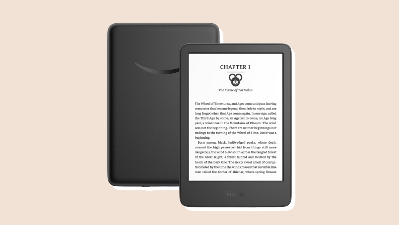 A black Amazon Kindle Paperwhite on a neutral background.