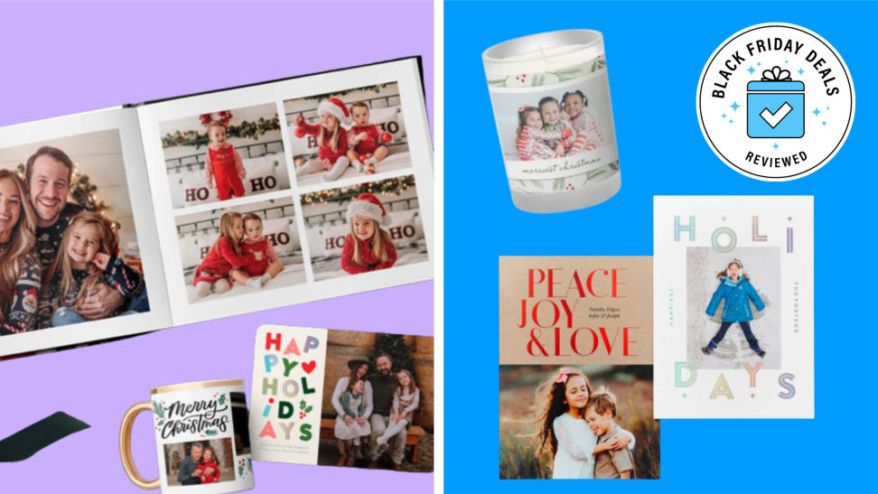 Collage of various products that feature custom printing, including photo albums, mugs, postcards, candles, and greeting cards.