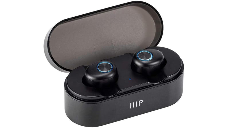 A pair of Monoprice True Wireless Plus earbuds and charging case on a white background.