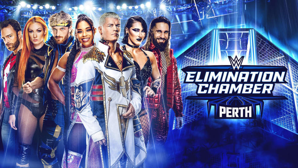 A collection of WWE superstars next to the Elimination Chamber logo.