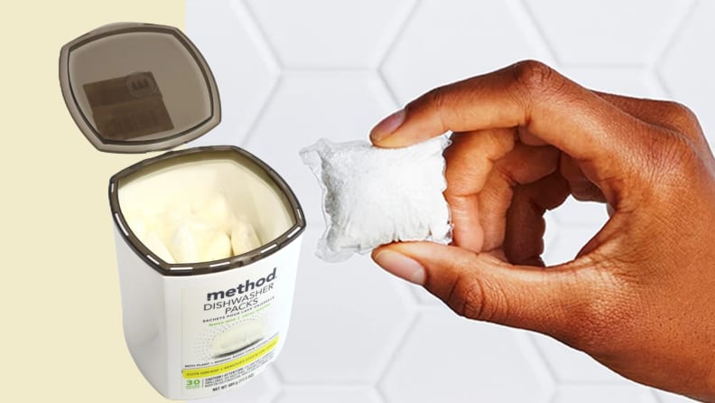 Left: opened container of Method Dishwasher Packs on muted yellow background; right: a hand holding a dishwasher pack with white hexagonal kitchen backsplash in the background