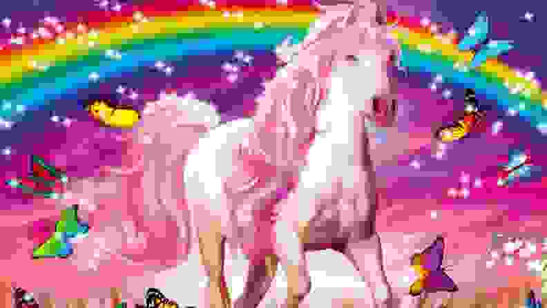 A unicorn puzzle with a rainbow background