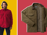 Man wearing black and red checkered shirt and product photo of brown jacket