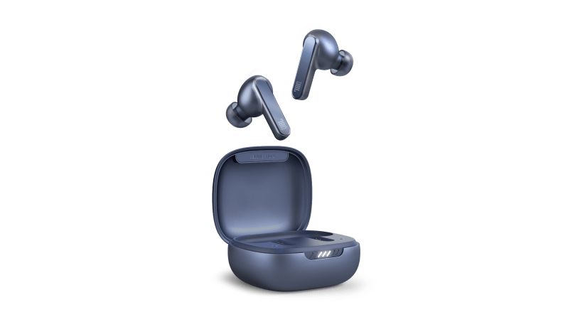 A pair of black, stick-style earbuds float above a charging case.