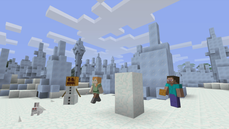 A screenshot from Minecraft: blocky characters inhabiting a snowy, low-poly environment.