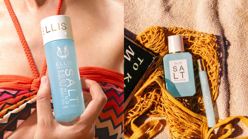 On left, person holding bottle of body oil. On right, body of perfume sitting on sandy beach blanket.