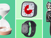 Product shots of a hourglass, a visual timer, an Apple smartwatch and cat clock.