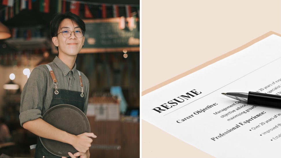 (left) A cafe worker holds a tray. (right) Close up of a resume and pen.