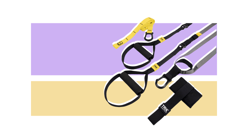 A collection of TRX straps against a light gold and purple background.
