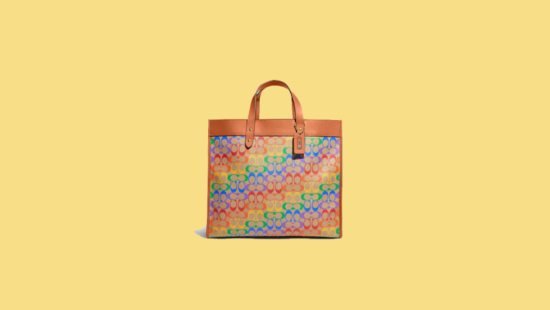 rainbow printed tote on yellow background