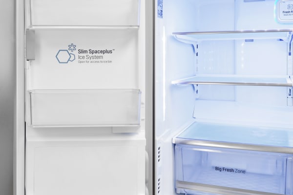 Door storage on the left side of the LG LPXS30866D's fridge is shallow, but still useful.