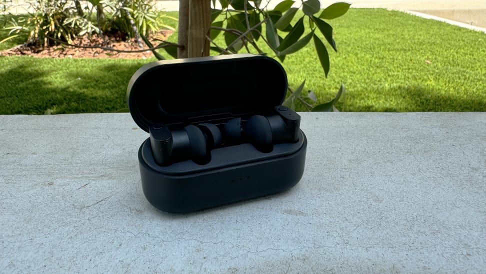 The Status Audio Between 3ANC wireless earbuds in their onyx charging case, open on a white cement wall with trees and grass in the background.