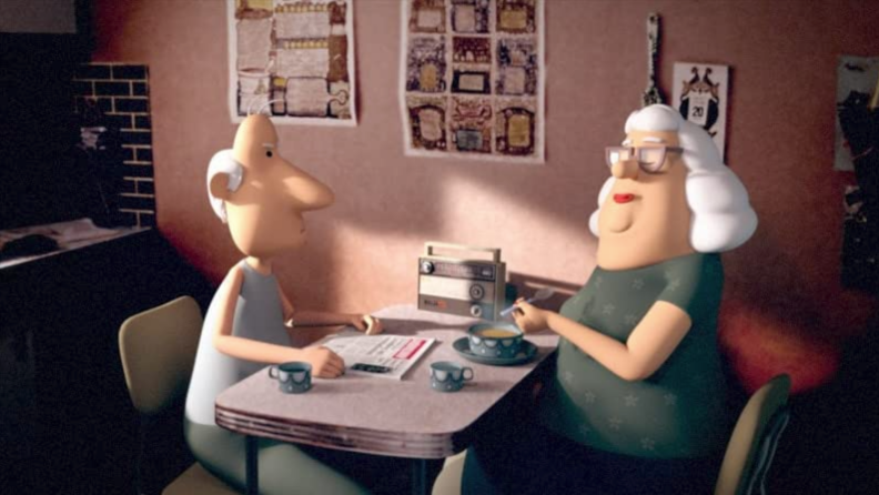 A still from the animated short "Yes-People" featuring two people at a table.