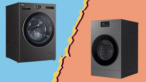 LG WashCombo and Samsung Bespoke Ventless washer-dryer combos on a colorful background with a torn-paper effect between them.