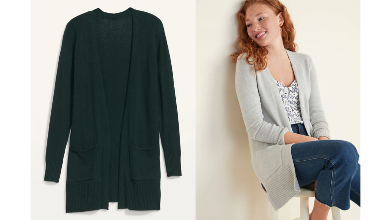 An image of a green cardigan alongside the same cardigan in gray.