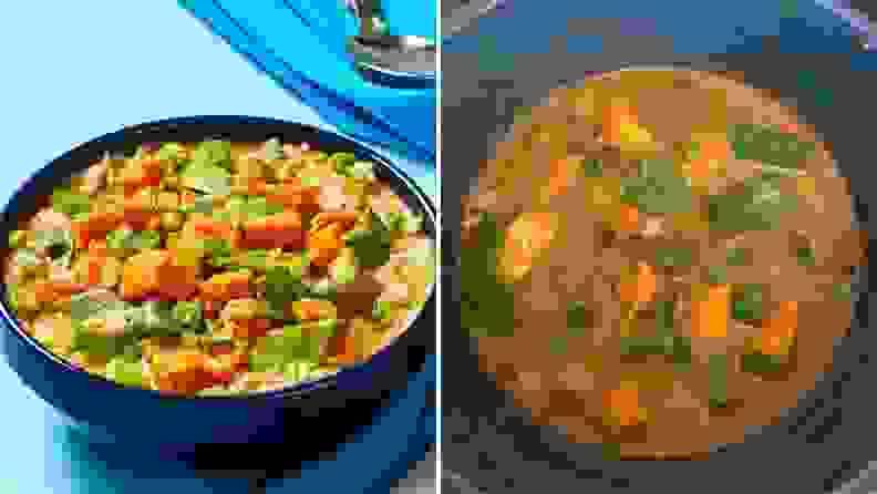 On left, an EveryPlate photo of Sweet Potato & Coconut Curry Soup on blue background. On right, Reviewed image of the recipe.