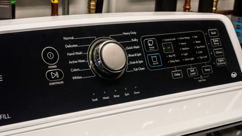 Close-up of the control panel of the Frigidaire FFTW4120SW top-load washing machine.