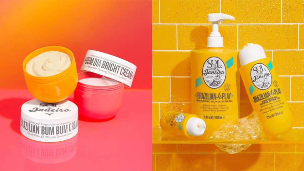 On the left: Two jars of moisturizer, one yellow and one pink, next to each other. On the right: Three yellow bottles of body wash of different sizes sitting on a shelf.