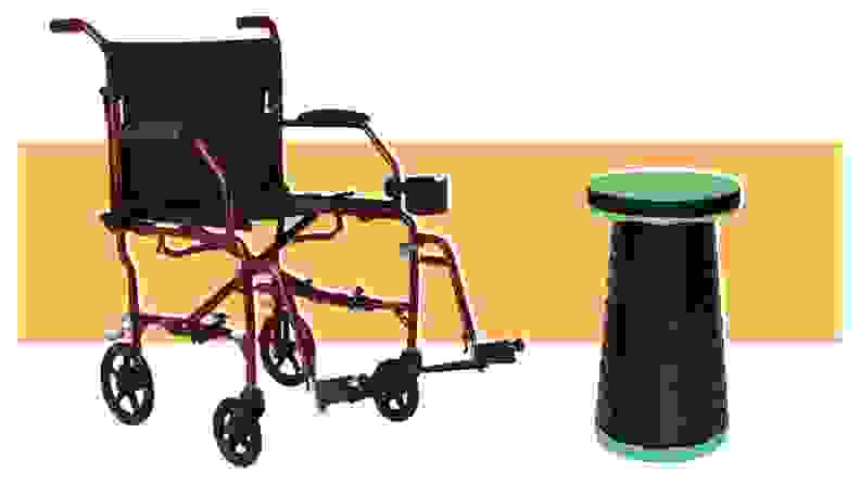 A black Medline Transport wheelchair next to a Giraffe Creation Folding Stool