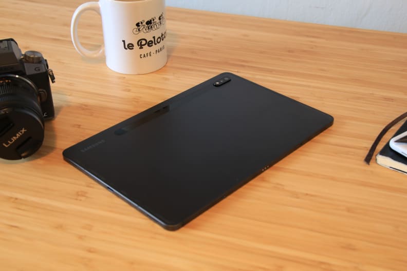 The Samsung Galaxy Tab S8 upside down on a table