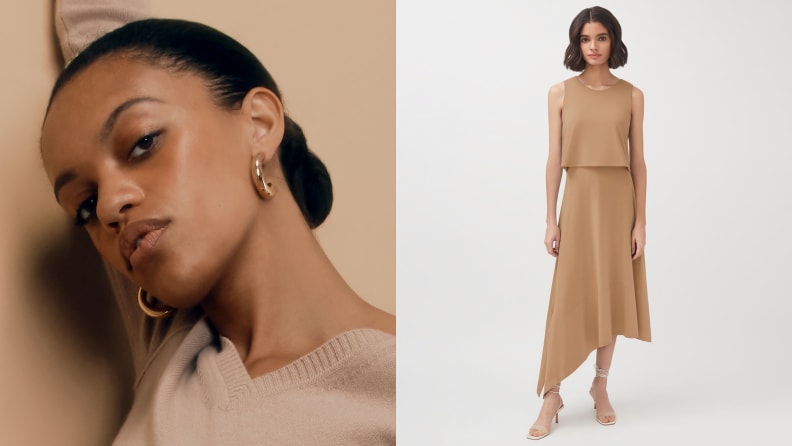 A woman wearing earrings close up next to a woman in front of a white background wearing a long beige dress