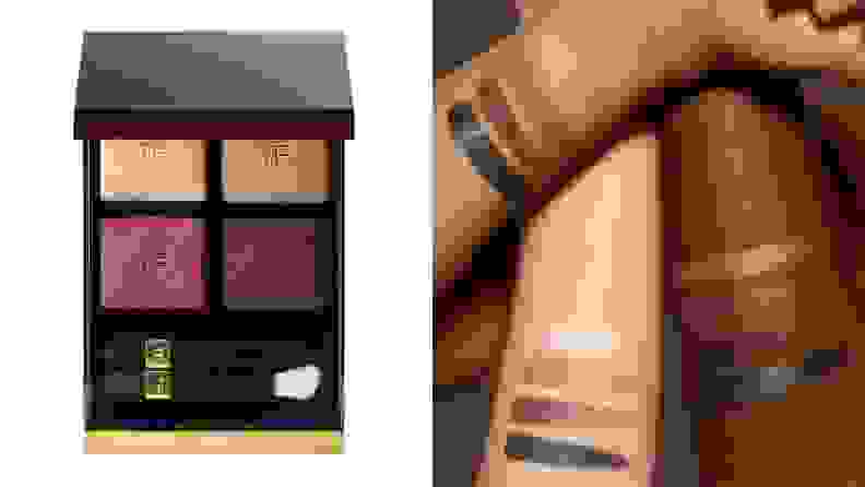 左边是汤姆·福特的多色眼影。在右边，三支不同肤色的手臂上有多色的色块。