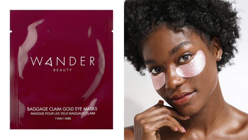 On the left: A package of eye masks from Wander Beauty. On the right: A model wearing golden eye masks under their eyes.