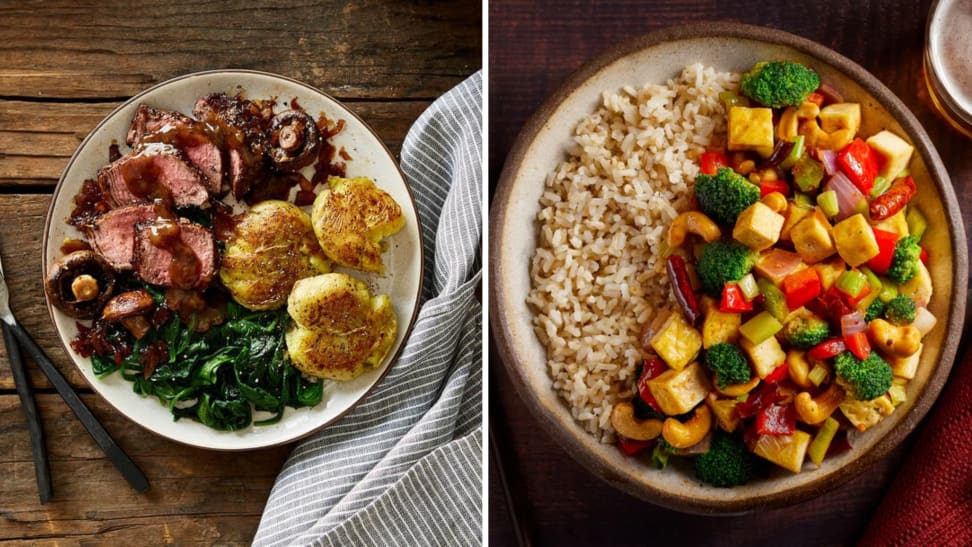 A collage of Gobble meals with tofu, rice, steak, and more.