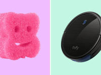 A colorful collage with a Scrub Daddy sponge and a Eufy robot vacuum.