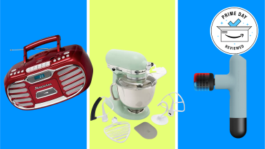 Blue and green background with red retro boombox, stand mixer, and percussion massager