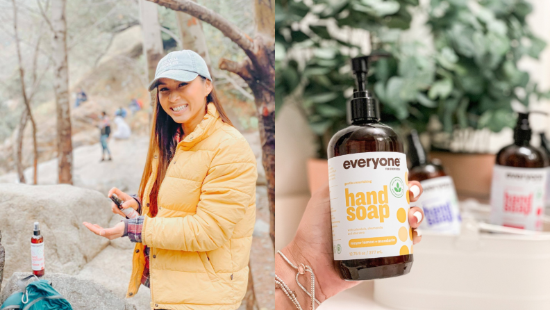 A woman using hand sanitizer.