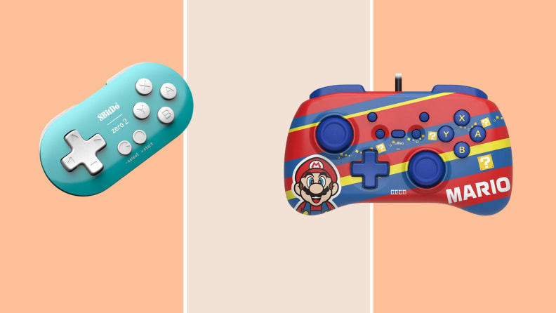 The 8Bitdo controller and a Mario controller for the Nintendo Switch.