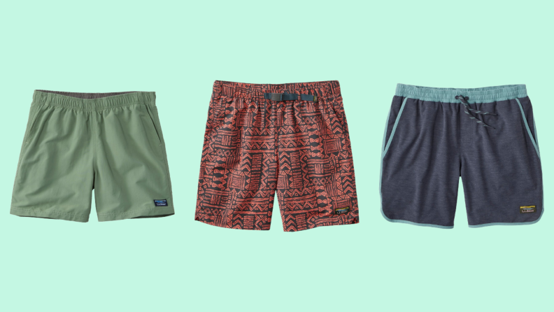 Three men's swimsuits: One in green, one in a red and black pattern, and one in gray with piping.