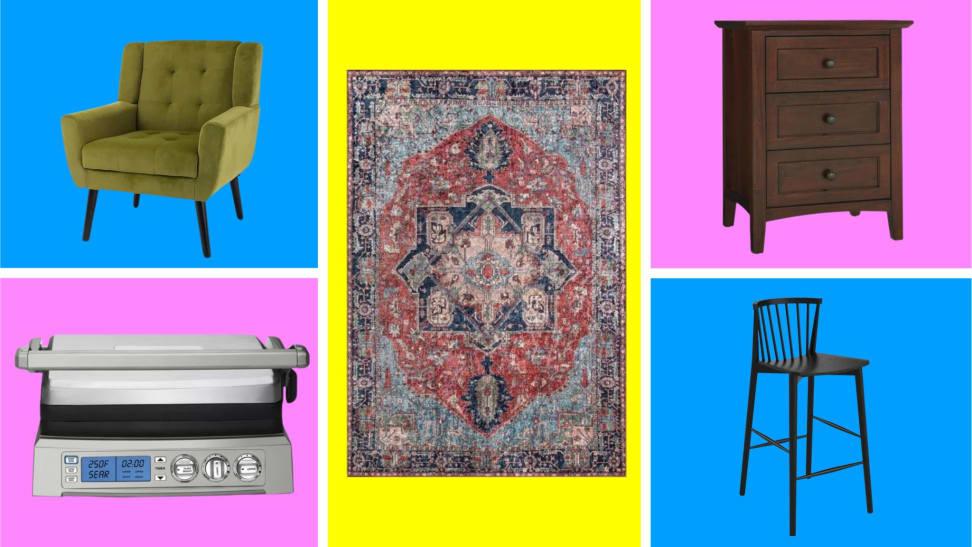 A collection of home essentials on sale at Wayfair in front of colored backgrounds.