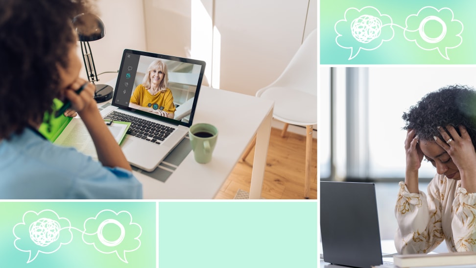 Two side-by-side images show a woman with pen in hand speaking to another woman on her laptop screen, and a woman touching her temples in front of her laptop.