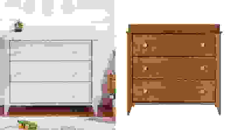 Two versions of the same three-drawer dresser. One in off-white and one in chestnut.