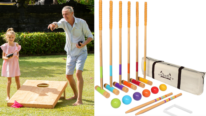 On left, father and daughter playing a bean bag toss game outdoors. On right, multi-colored wooden crochet set.