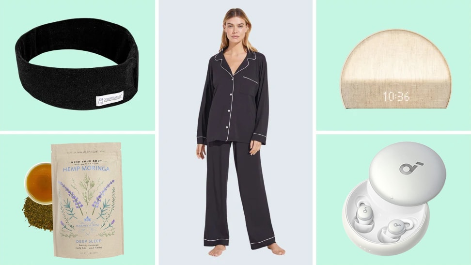 A collage of the best sleep products including a Anker earbuds, an alarm clock, sleep tea, sleep headphoness and a person wearing PJs.