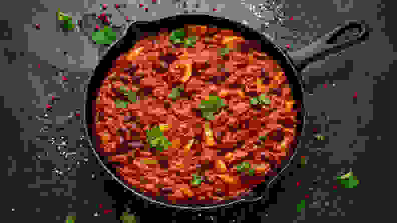 Vegan Impossible chili in cast iron skillet pan.