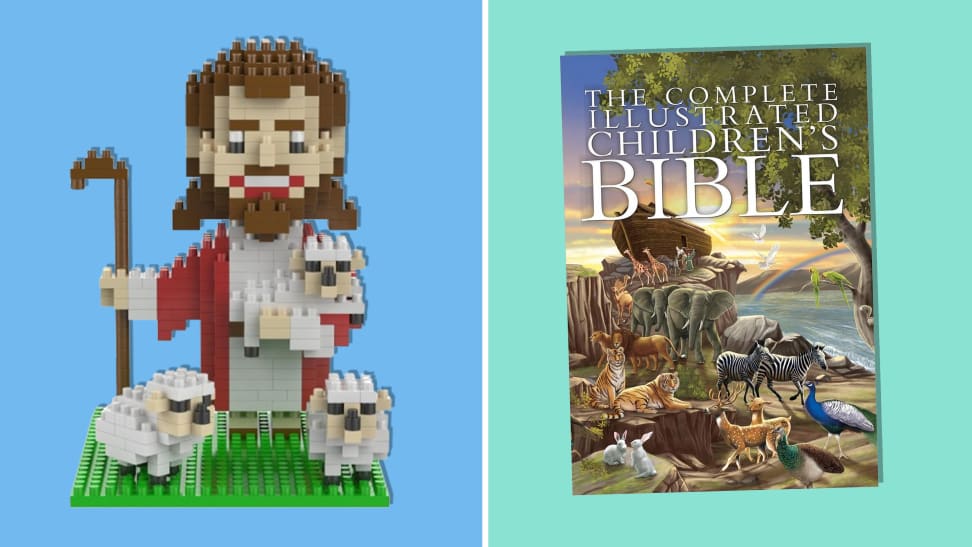 Multi-Blocks The Good Shepherd Mini Figurine and illustrated Bible on blue and teal background.