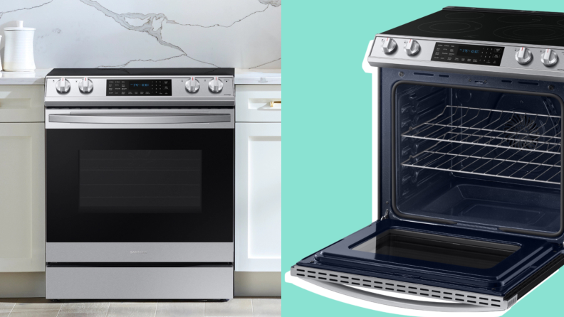 Two images of an electric range and oven in a kitchen.