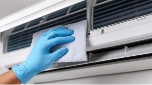 A person cleaning an air conditioning unit