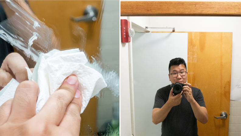 Left: Paper towel used to clean glass. Right: A person taking a selfie in a bathroom mirror.