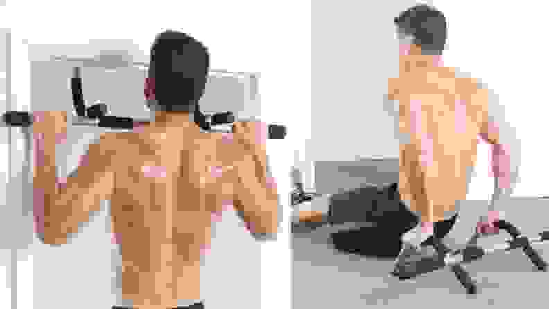 Left: A man does a pull-up using the Iron Gym Upper-Body Workout Bar. Right: A man doing a tricep dip with the workout bar.
