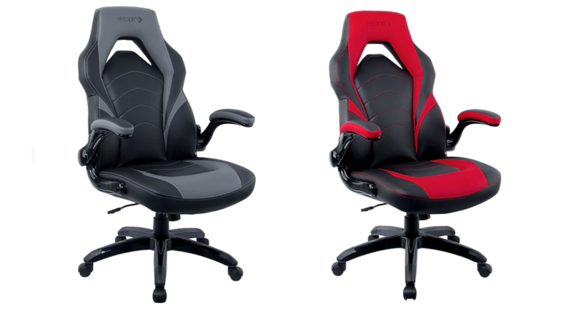 Two images of the same gaming chair in two different color schemes, the first grey and black and the second red and black.