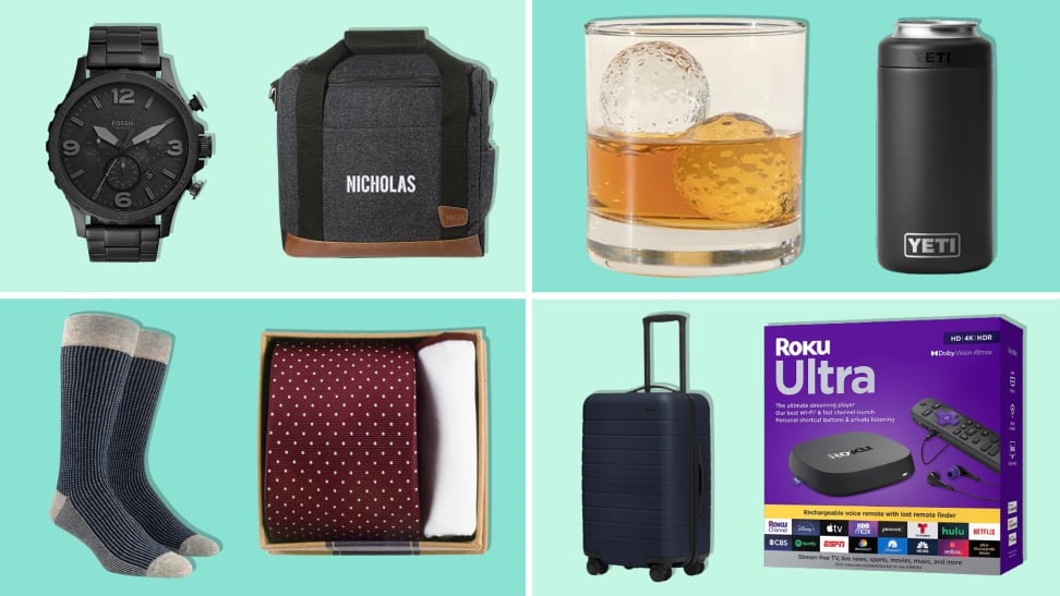 Fossil watch, customizable beer bag, whiskey glass, YETI glass, socks, tie in a box, Away luggage, and Roku Ultra on green and light green background.